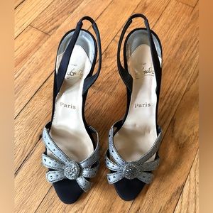 EUC Louboutin Silver Embellished Slingbacks US10 IT40
